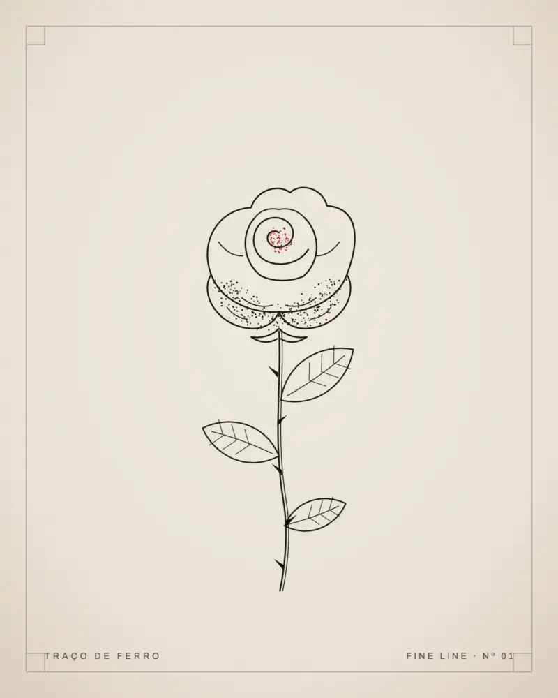 Desenho de uma rosa de caule longo com folhas e espinhos, em traço fino de nanquim sobre papel