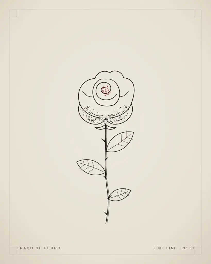 Desenho de uma rosa de caule longo com folhas e espinhos, em traço fino de nanquim sobre papel