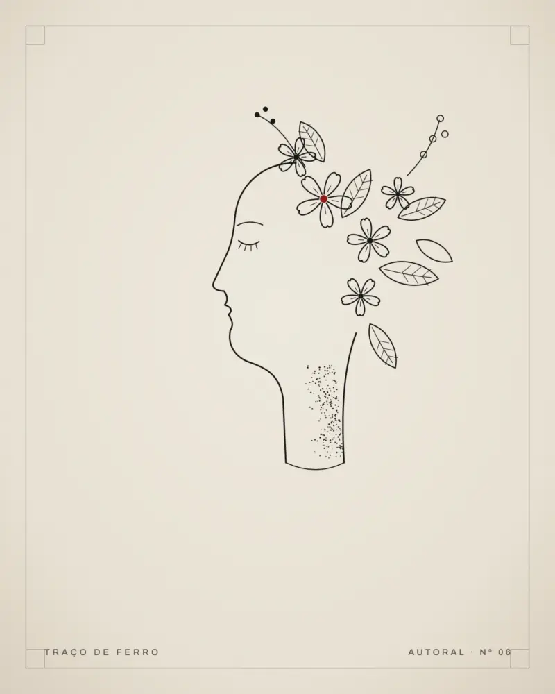 Perfil de rosto feminino em linha única com flores, folhas e frutinhas saindo da cabeça