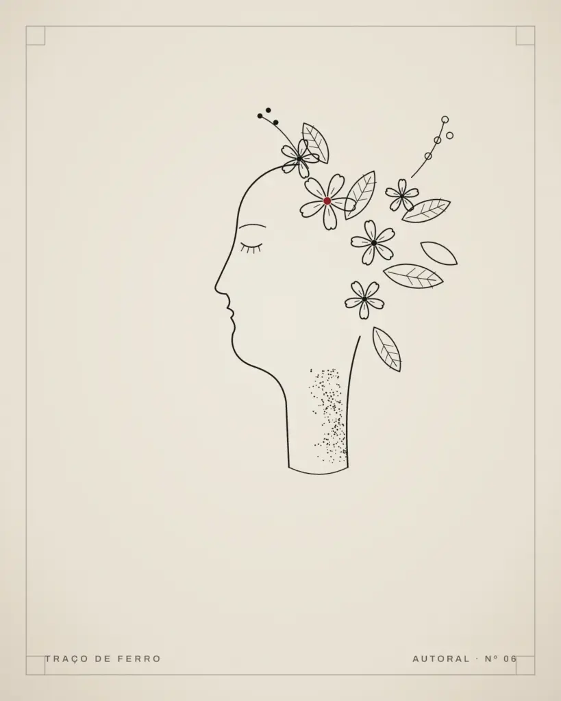 Perfil de rosto feminino em linha única com flores, folhas e frutinhas saindo da cabeça