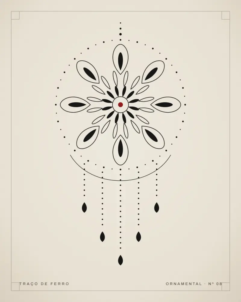 Mandala ornamental com pétalas pretas e vazadas, anel de pontos e fios de pontos pendentes terminando em gotas