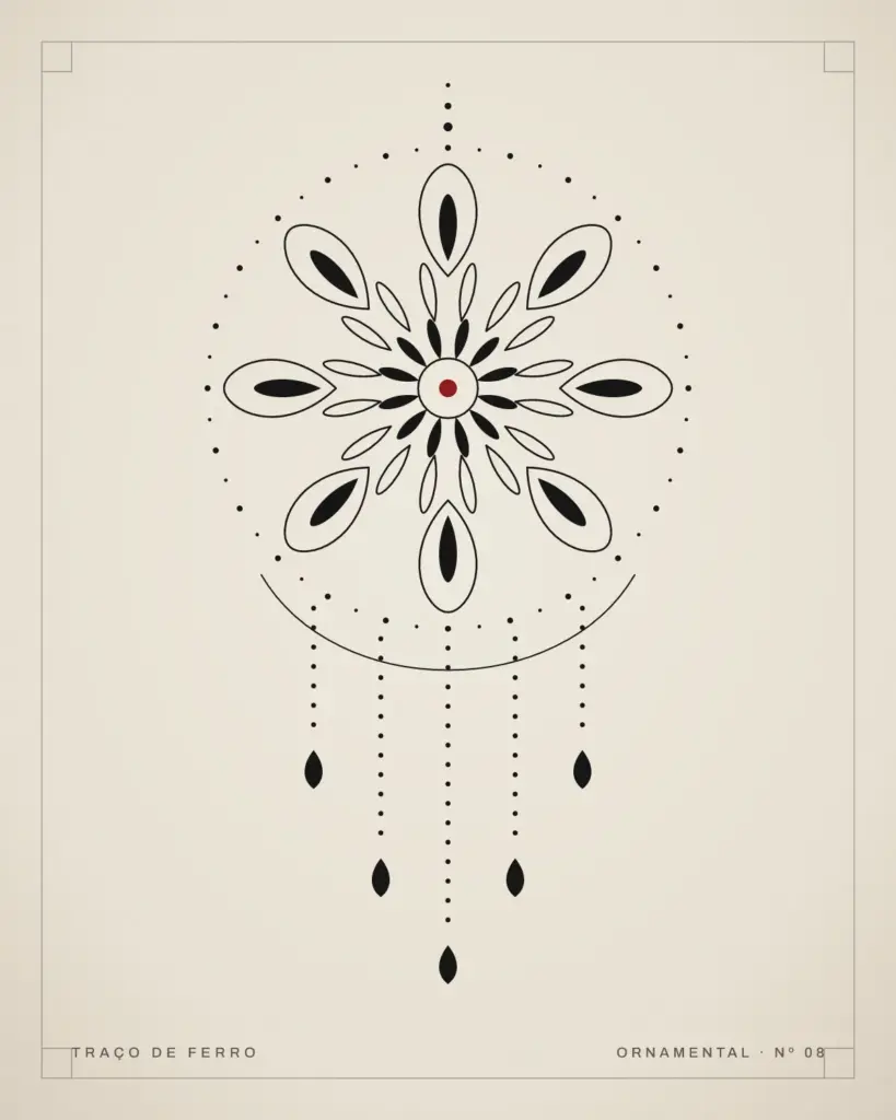 Mandala ornamental com pétalas pretas e vazadas, anel de pontos e fios de pontos pendentes terminando em gotas